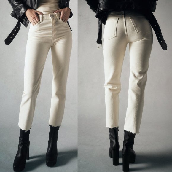 Zara Denim - NEW Zara Sand Ivory TRF High Waist Straight Leg Ankle Length Raw Hem Denim Jeans